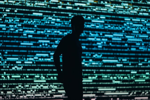 A person standing in front of a display—looks like a hacked computer screen